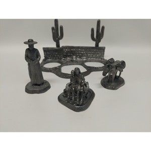 Michael Ricker Pewter 4 Piece Western Scene, Donkey, Priest, Kids at Well Cactus